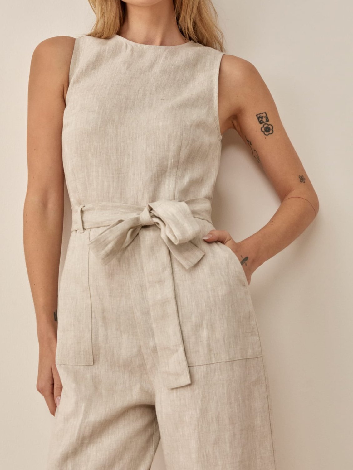 Relaxed Fit Belted Waist Linen Jumpsuit