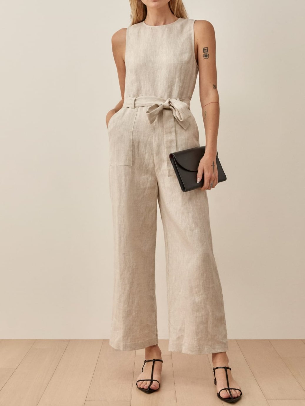 Relaxed Fit Belted Waist Linen Jumpsuit