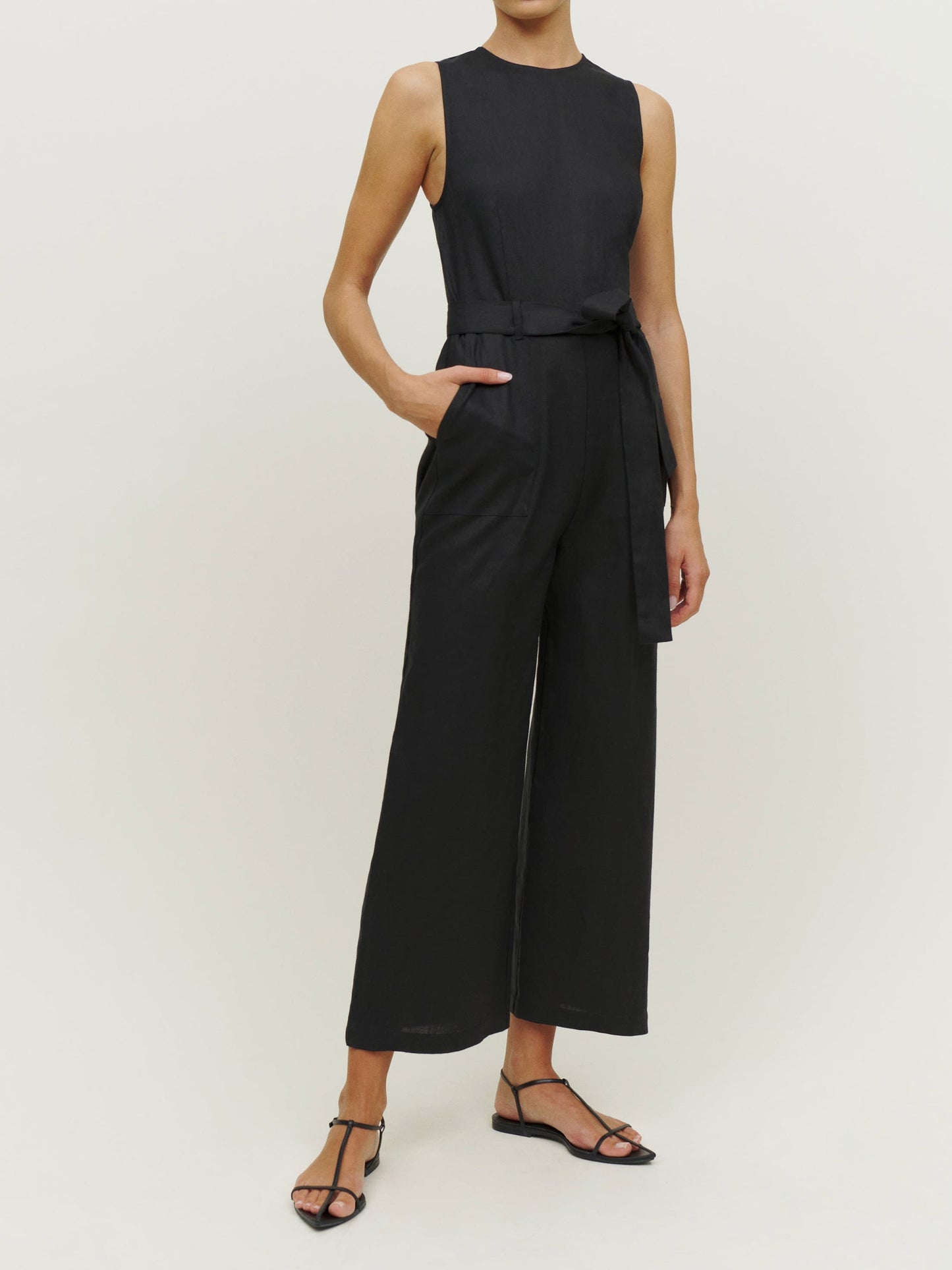Relaxed Fit Belted Waist Linen Jumpsuit