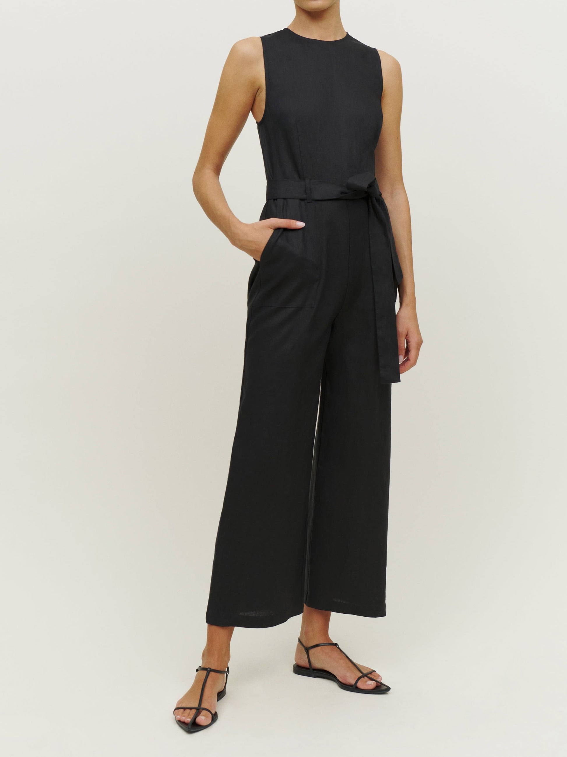Relaxed Fit Belted Waist Linen Jumpsuit