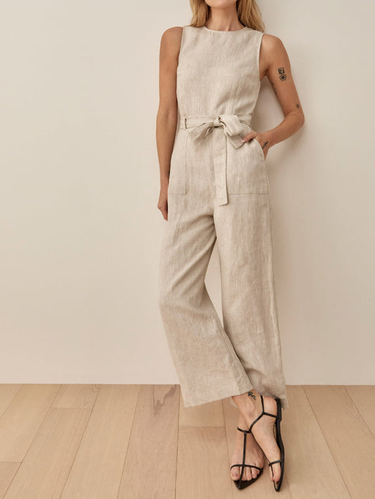 Relaxed Fit Belted Waist Linen Jumpsuit