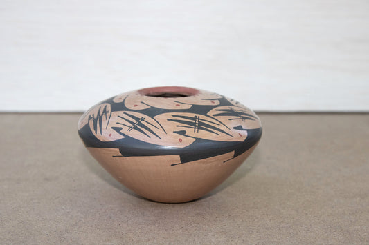 Authentic Mata Ortiz Geometric and Firecloud Flattened Pot