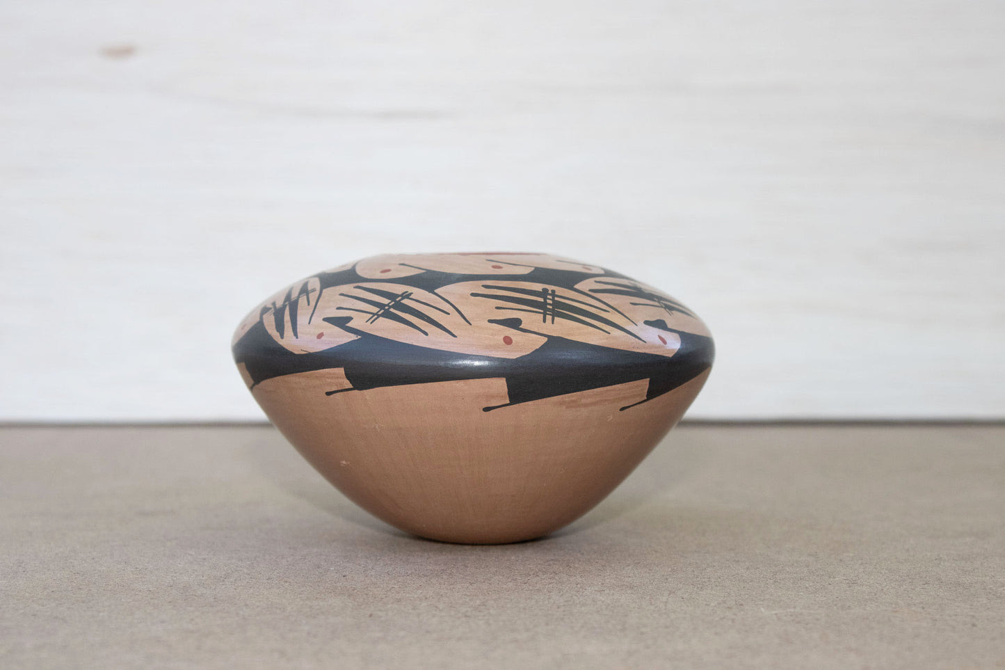 Authentic Mata Ortiz Geometric and Firecloud Flattened Pot