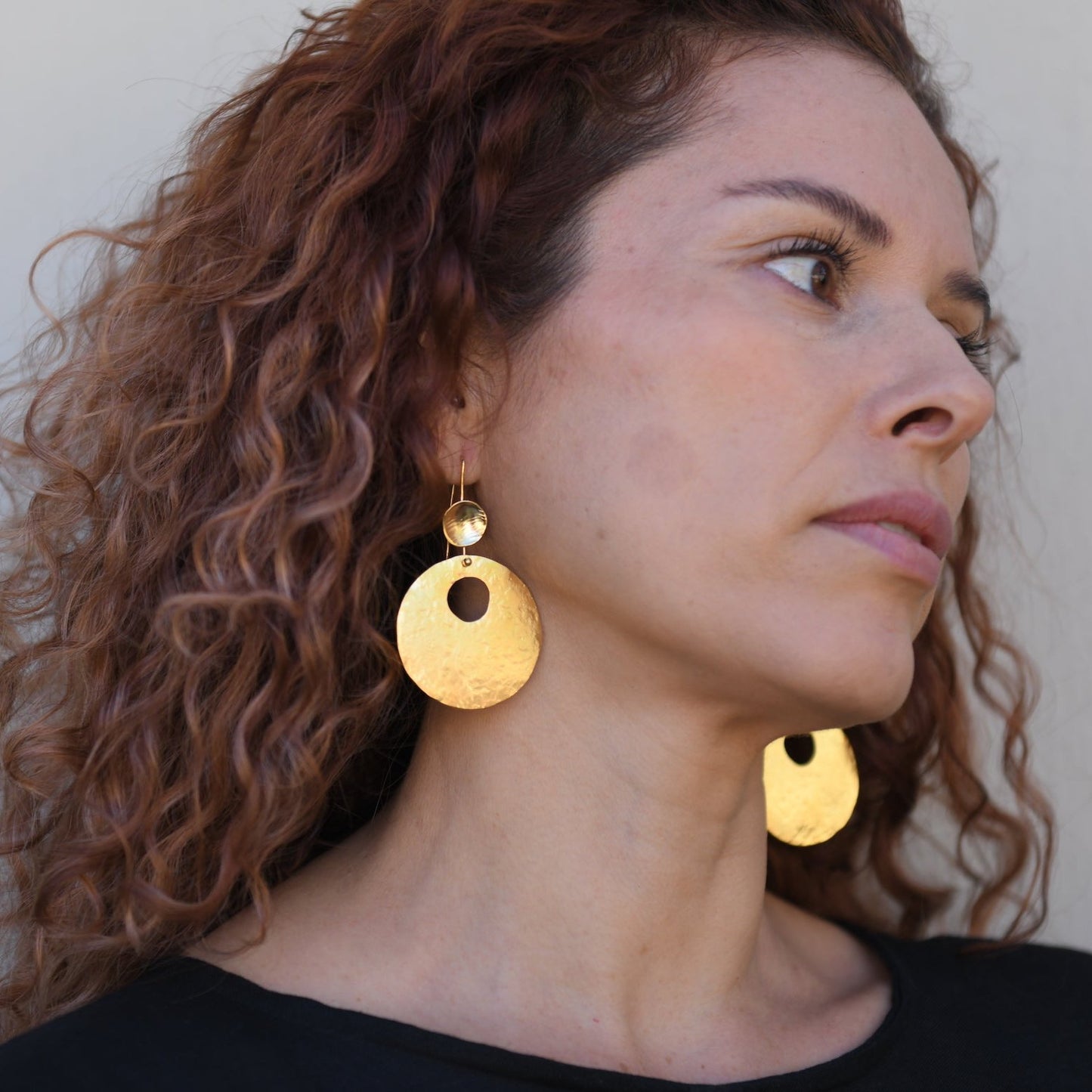 Handcrafted Eclipse hammered circle earrings in bronze with 24k gold or silver plating, lightweight artisan dangle earrings