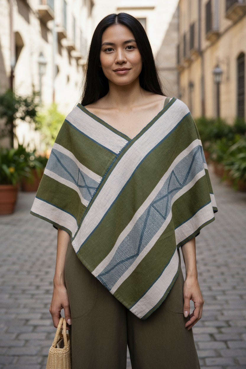 Handwoven Cotton Mexican Quexquemetl Poncho Shawl