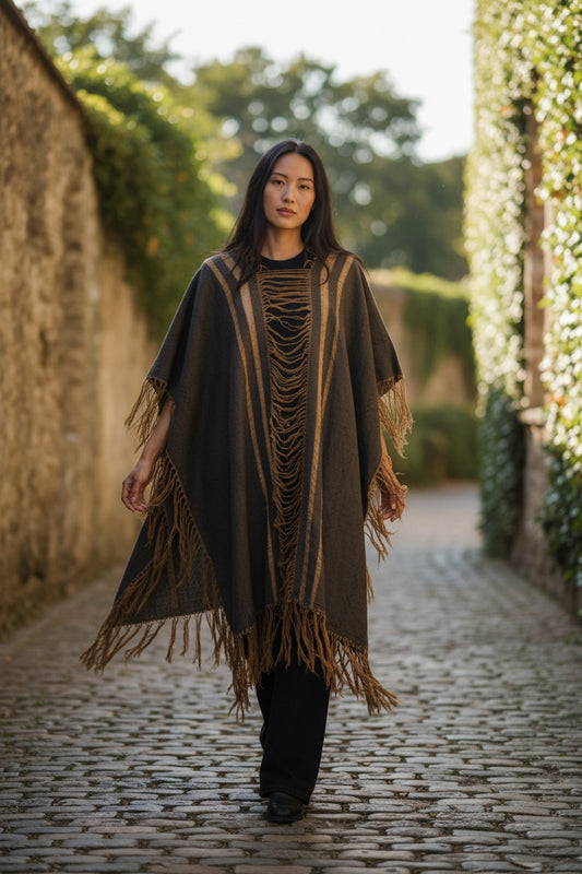 Handwoven Fringe Cotton Poncho Boho Ruana Cape