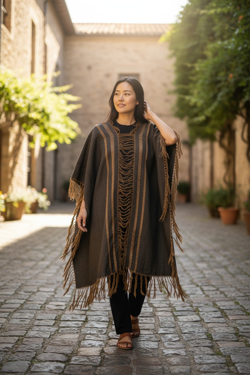 Handwoven Fringe Cotton Poncho Boho Ruana Cape