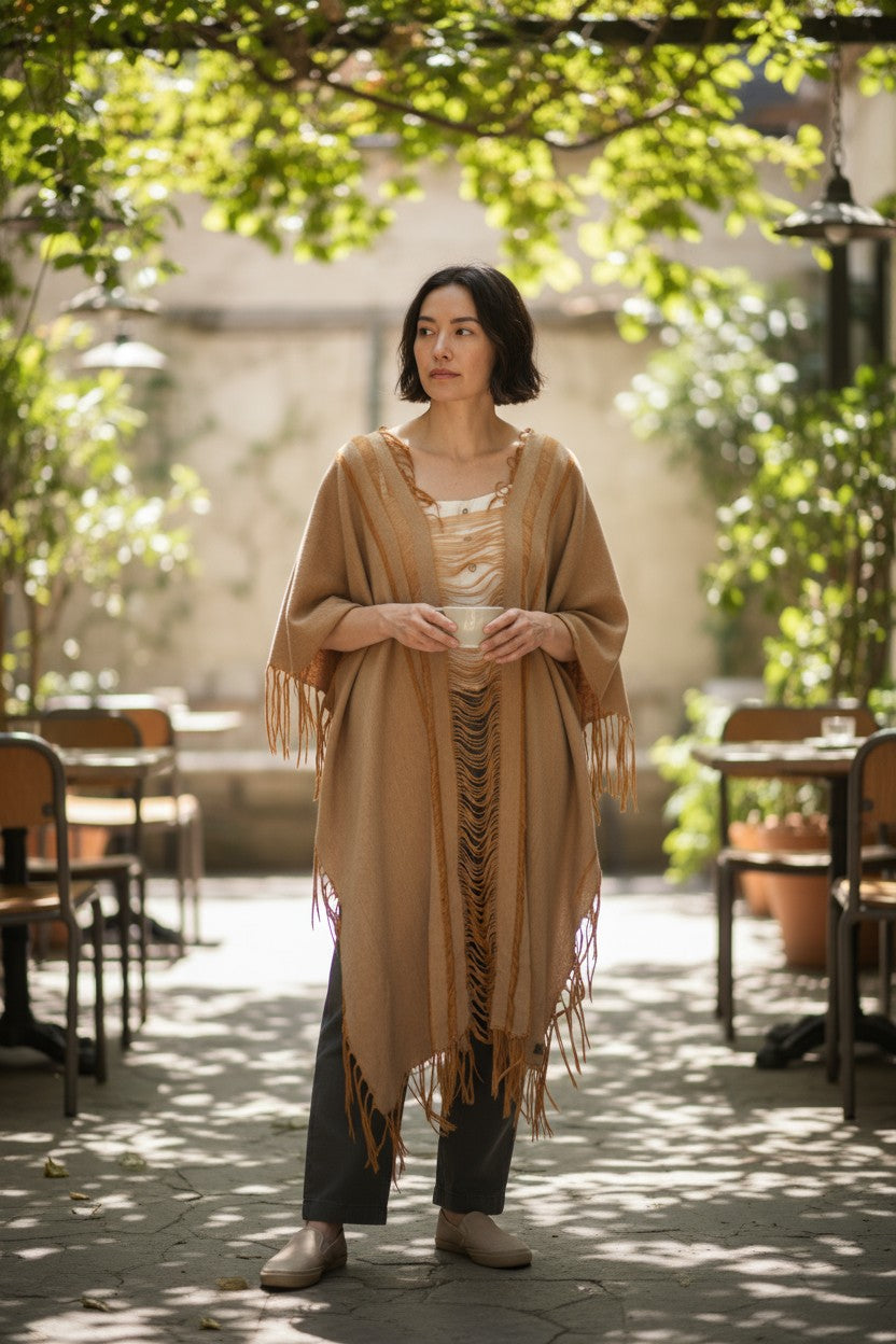 Lightweight tan cotton ruana cape with openwork detail, handmade by Mexican artisans.