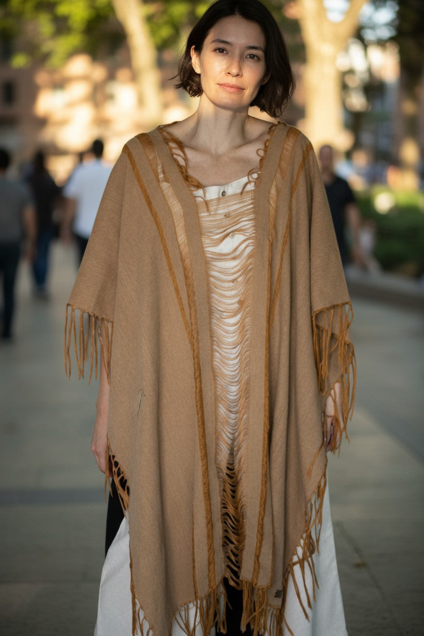 Handwoven Fringe Cotton Poncho Boho Ruana Cape