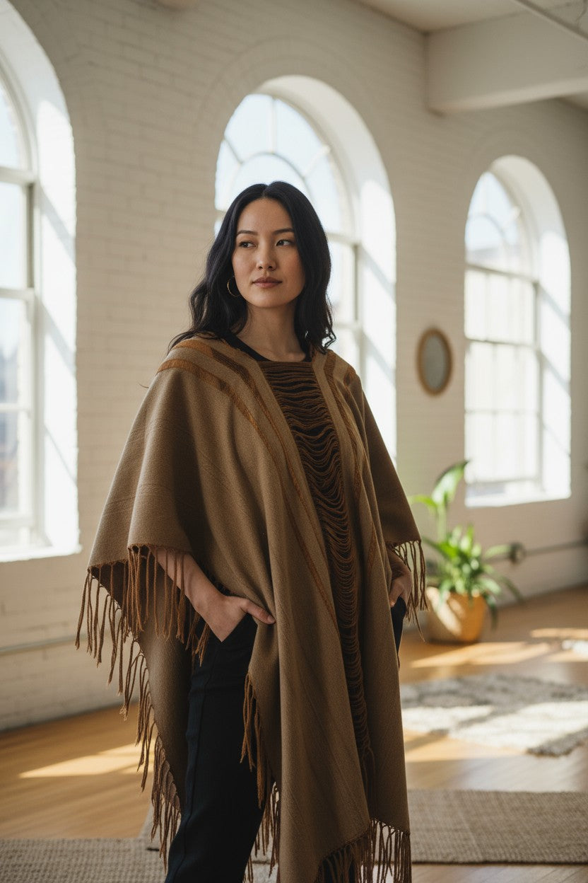 Handwoven Fringe Cotton Poncho Boho Ruana Cape