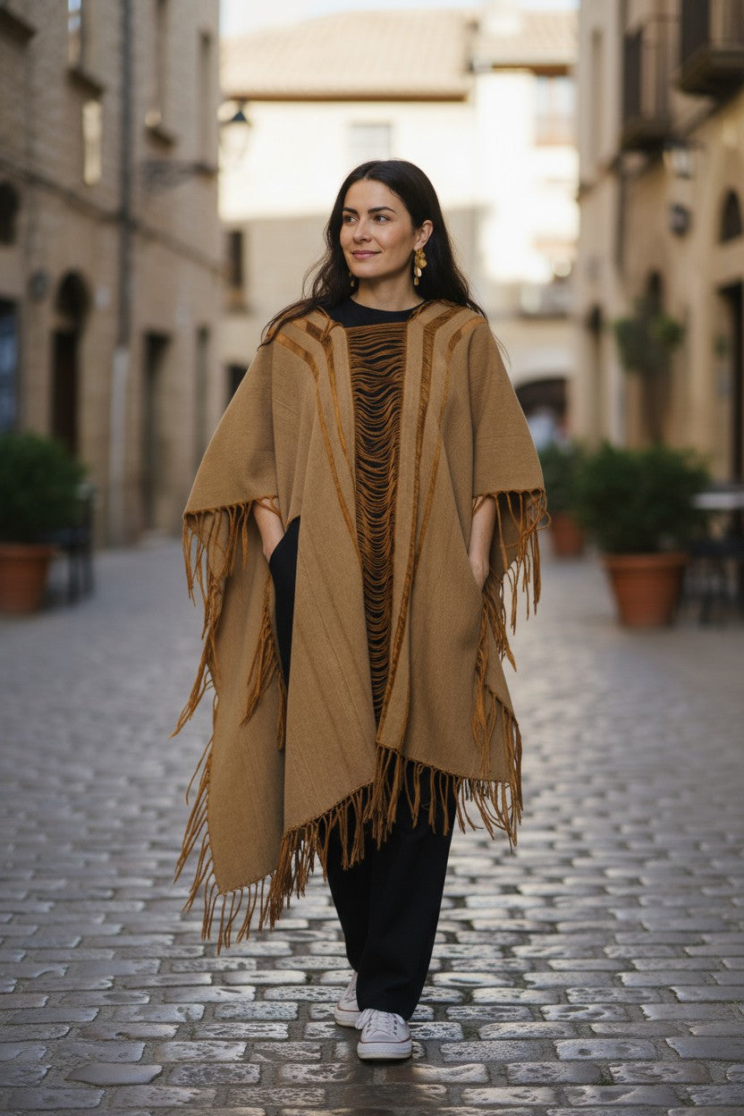 Handwoven Fringe Cotton Poncho Boho Ruana Cape