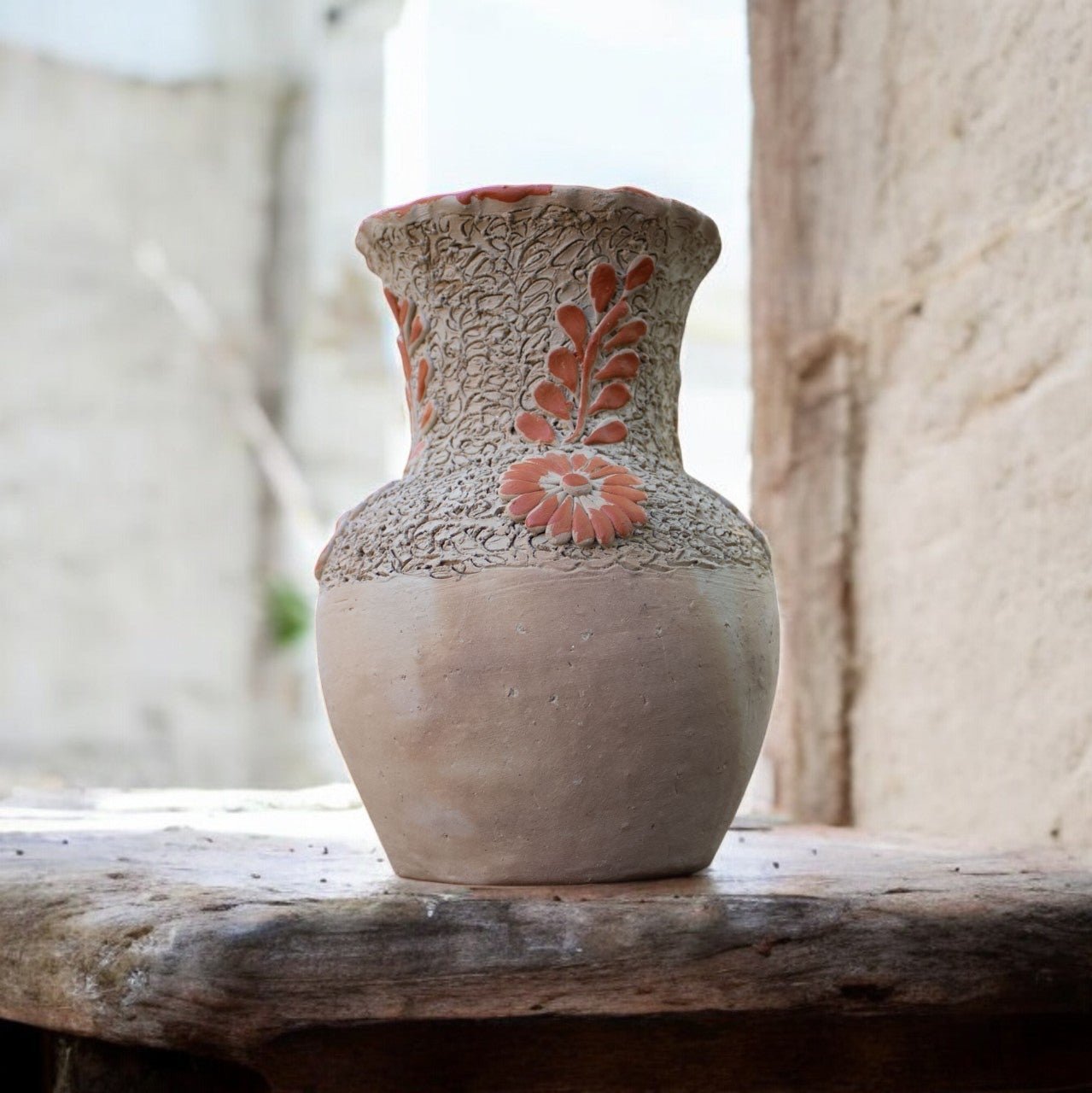 Sand Ceramic Vase with Engraved Orange Floral Design