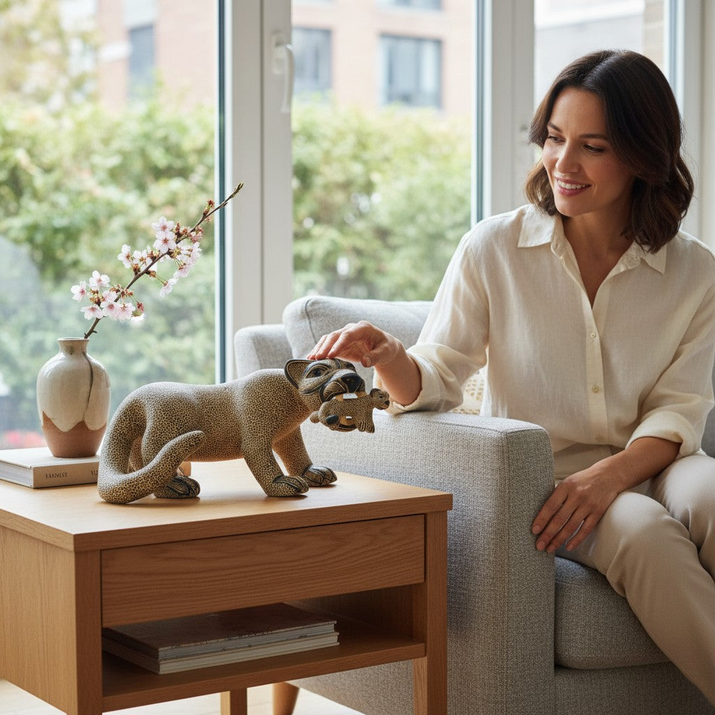 Large Clay Mayan Jaguar with Cub Sculpture