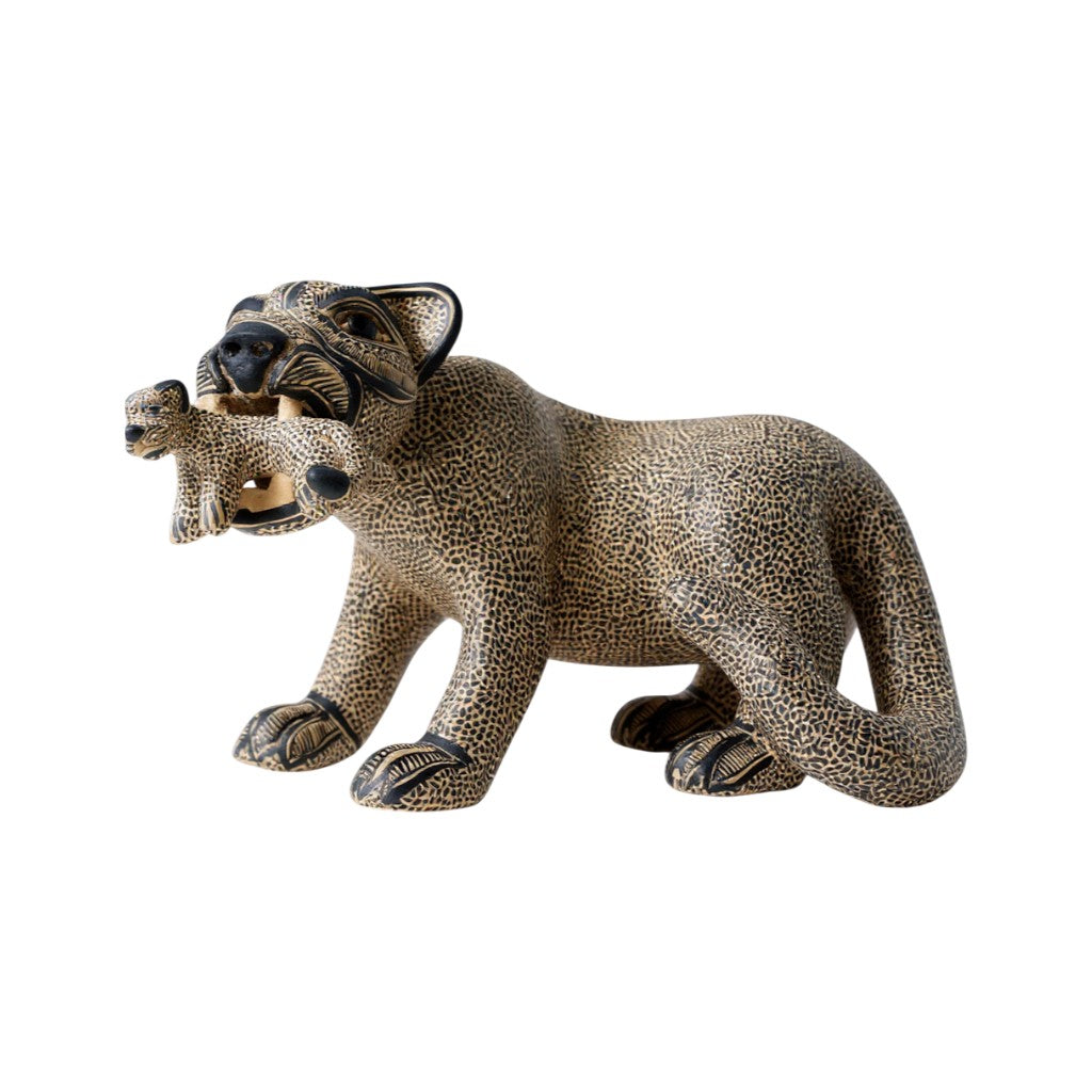 Large Clay Mayan Jaguar with Cub Sculpture