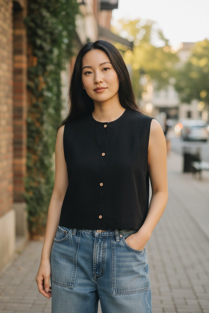 Linen Button-Back Top