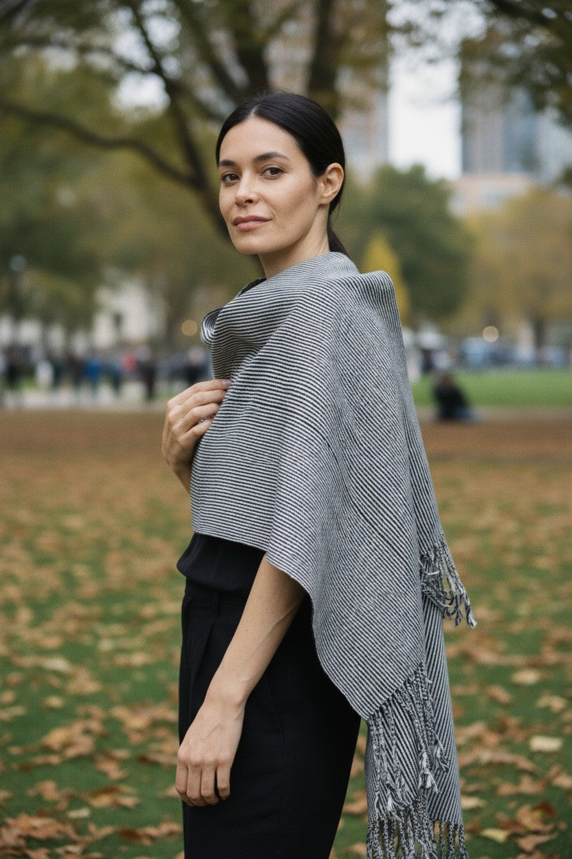 Striped Handwoven Cotton Poncho with Fringe