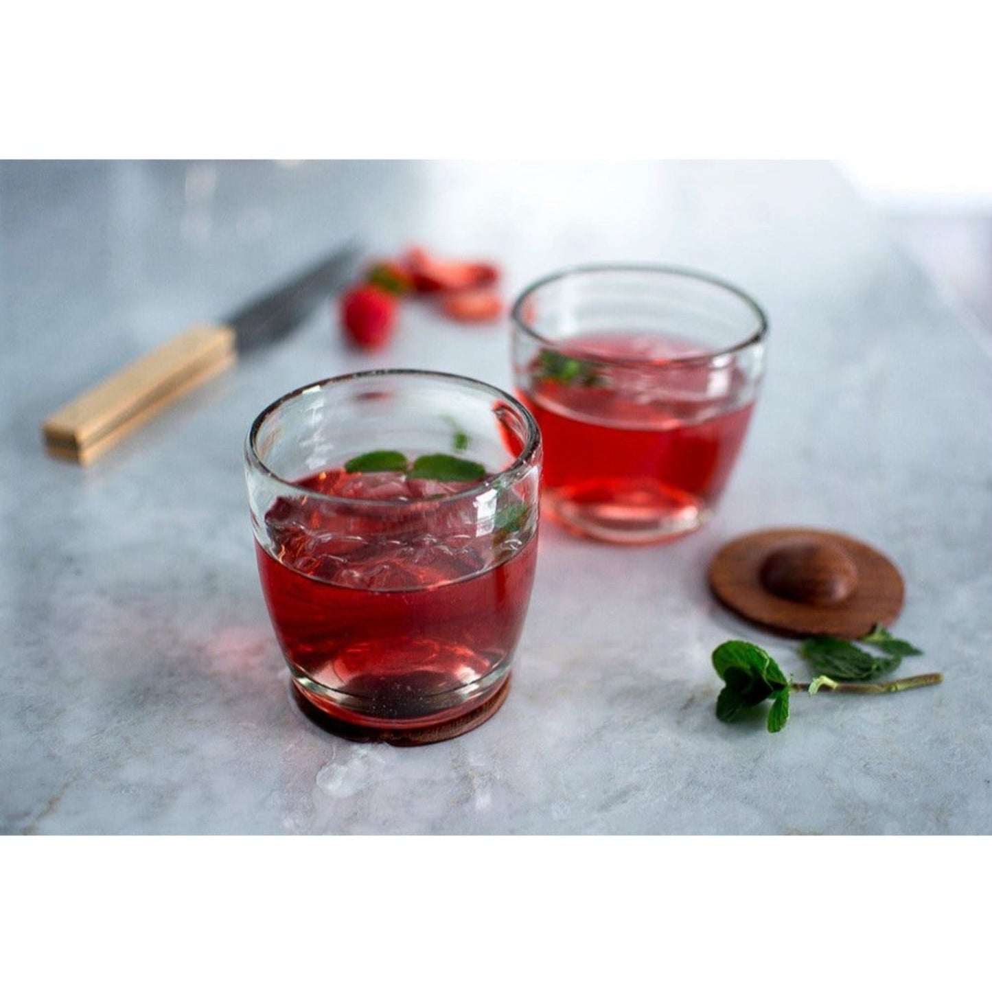 Hand-Blown Glass Tumbler with Wooden Coaster Base