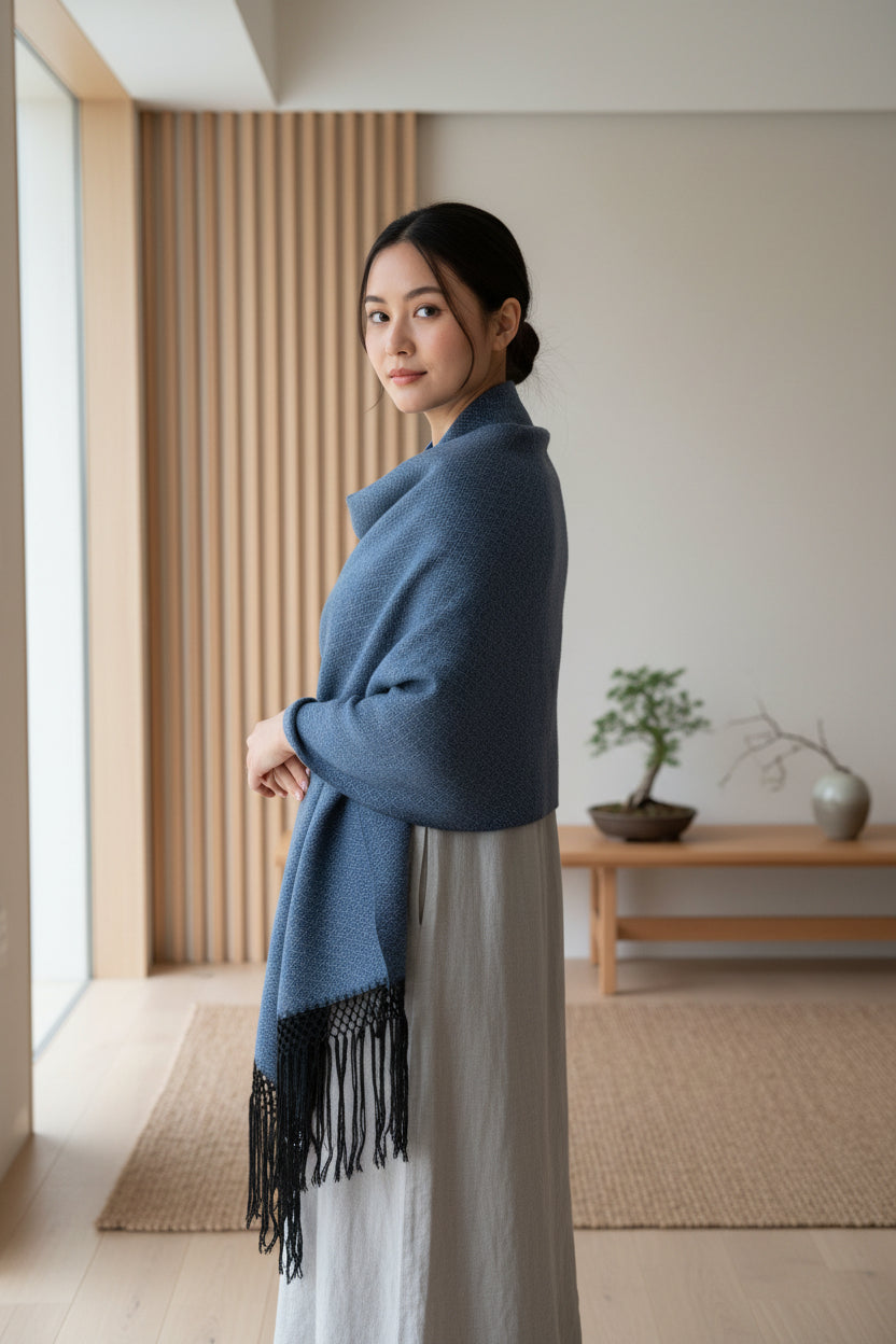 Side view of a woman wearing a blue handwoven cotton shawl with fringe, styled as a wrap