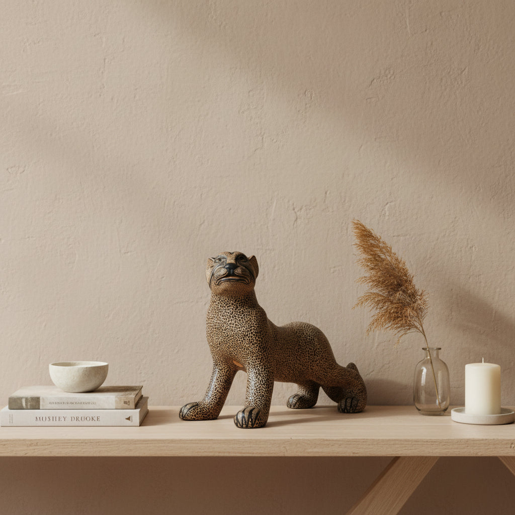 Hand-painted clay Mayan jaguar sculpture styled as minimalist home decor on a wooden shelf with natural accents