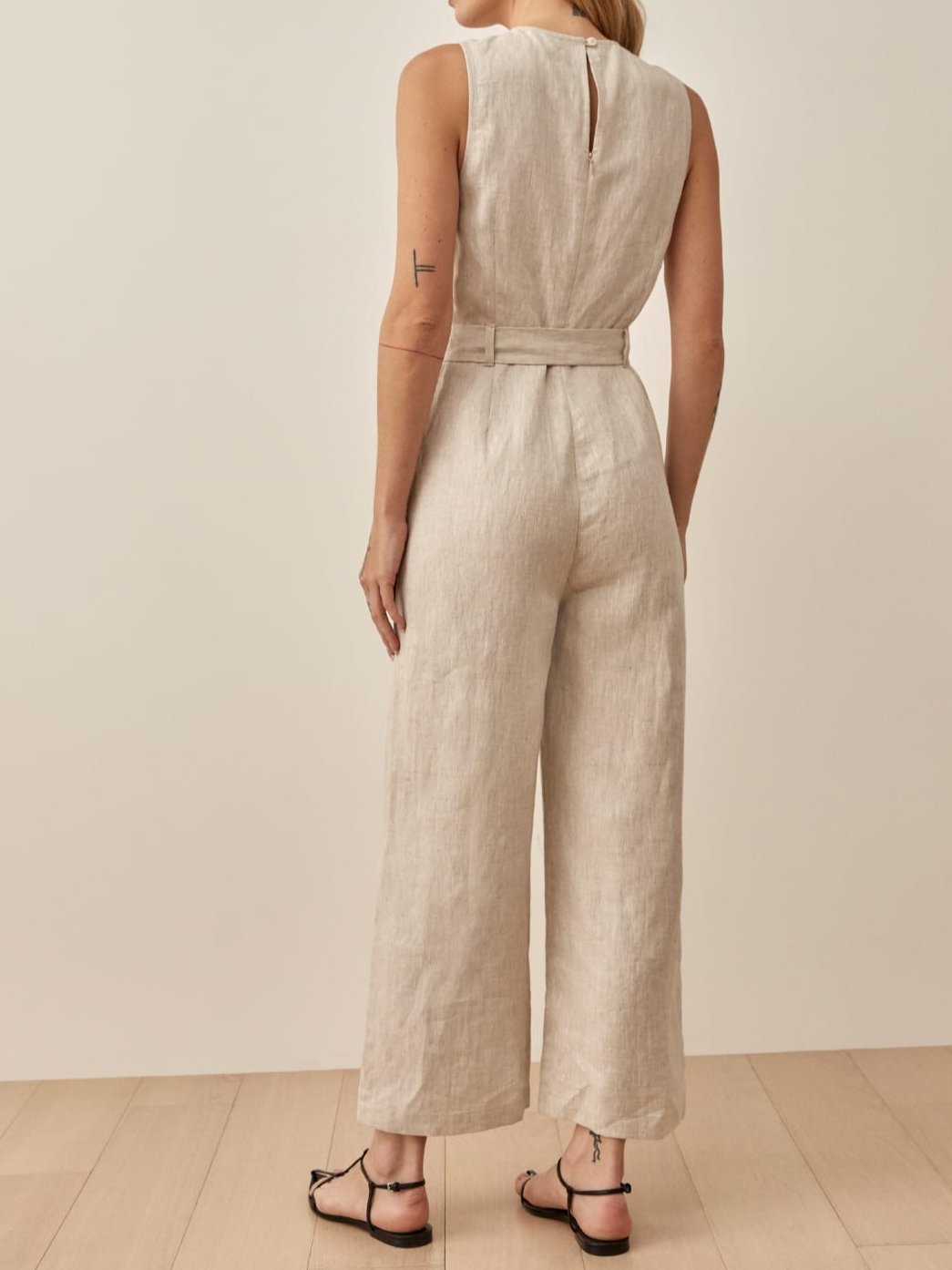 Relaxed Fit Belted Waist Linen Jumpsuit 