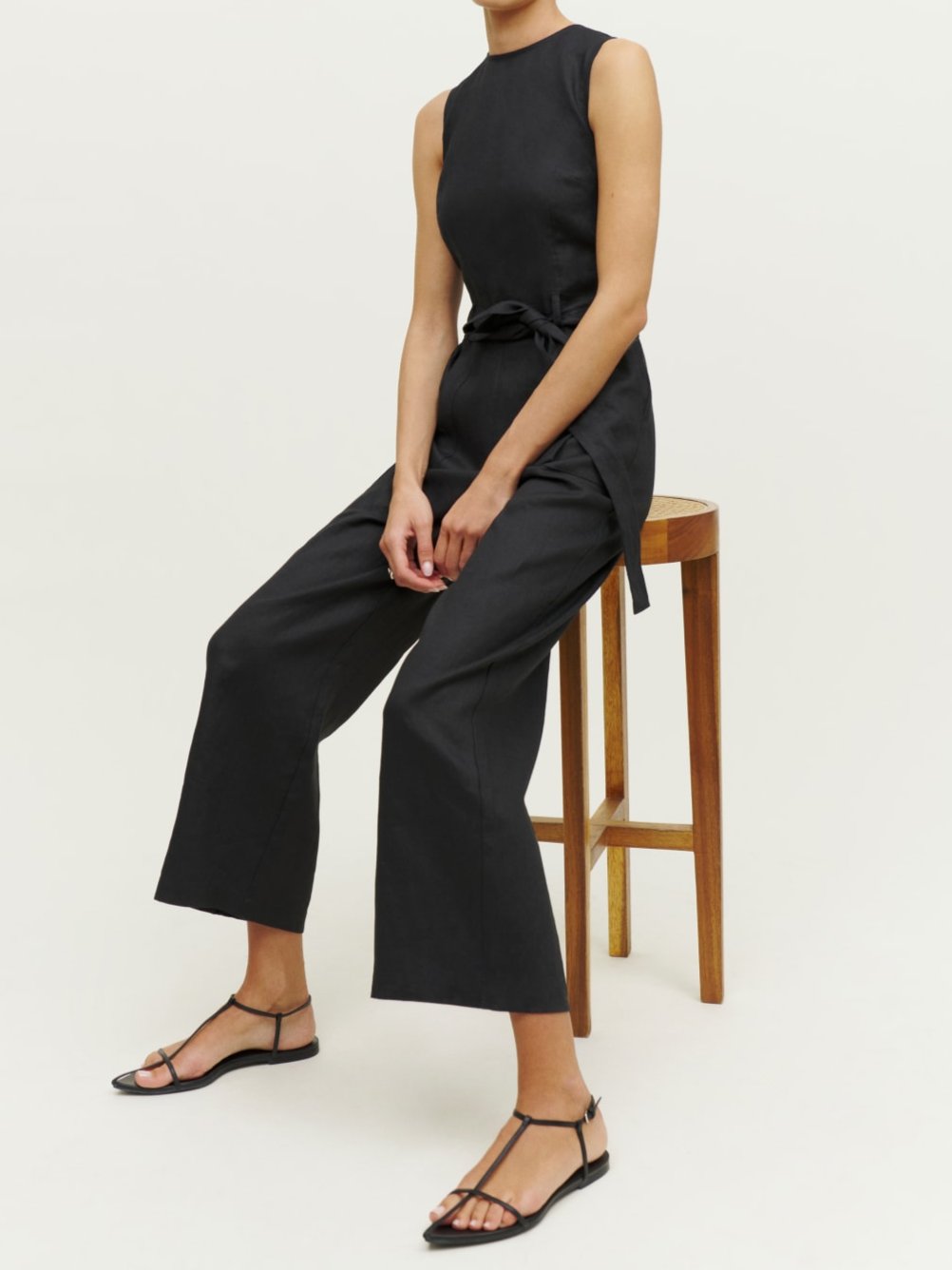 Relaxed Fit Belted Waist Linen Jumpsuit