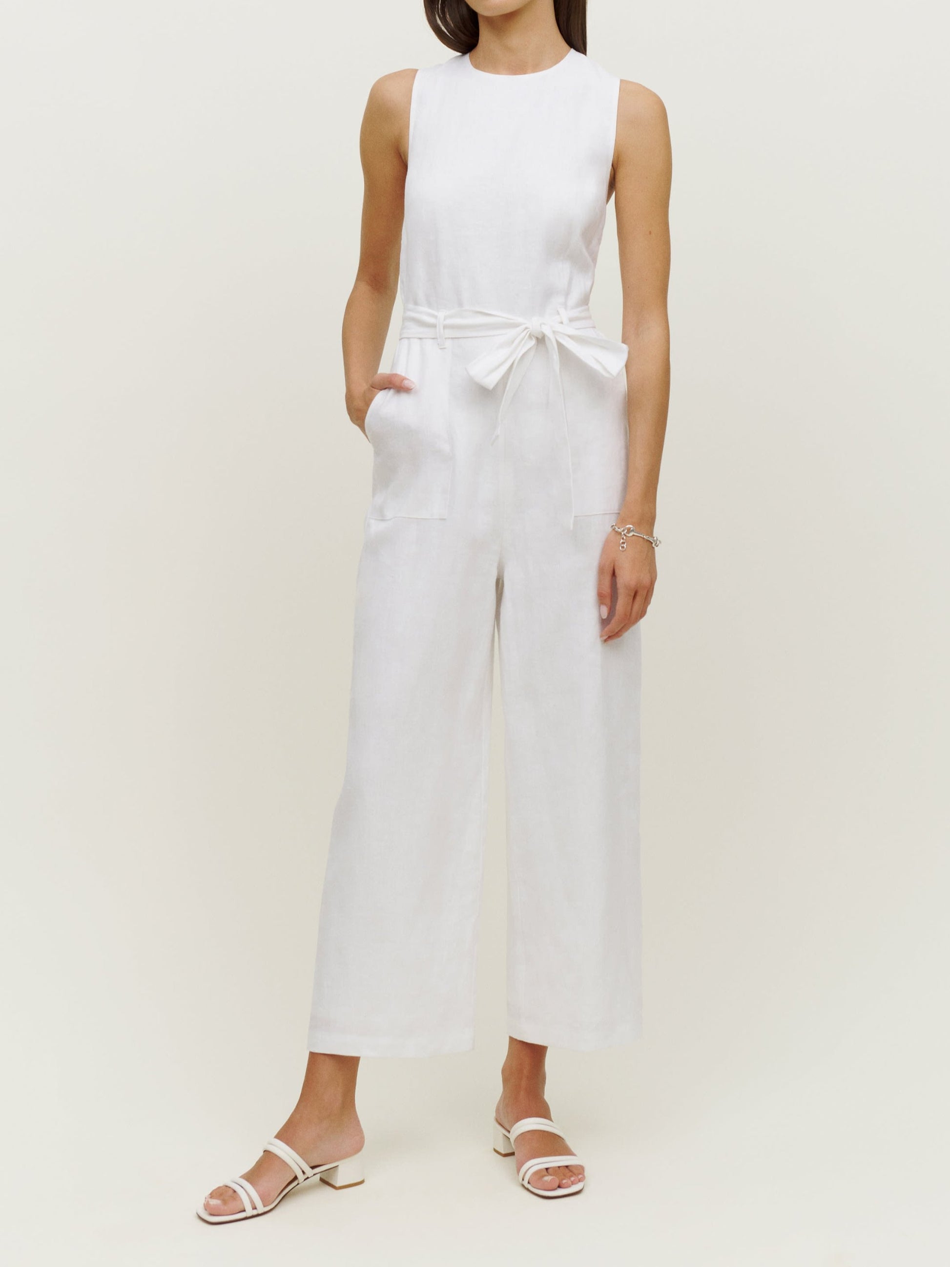 Relaxed Fit Belted Waist Linen Jumpsuit 