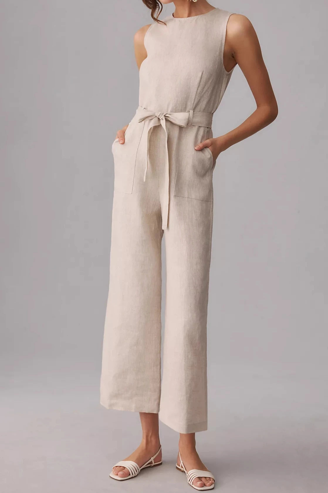 Relaxed Fit Belted Waist Linen Jumpsuit 