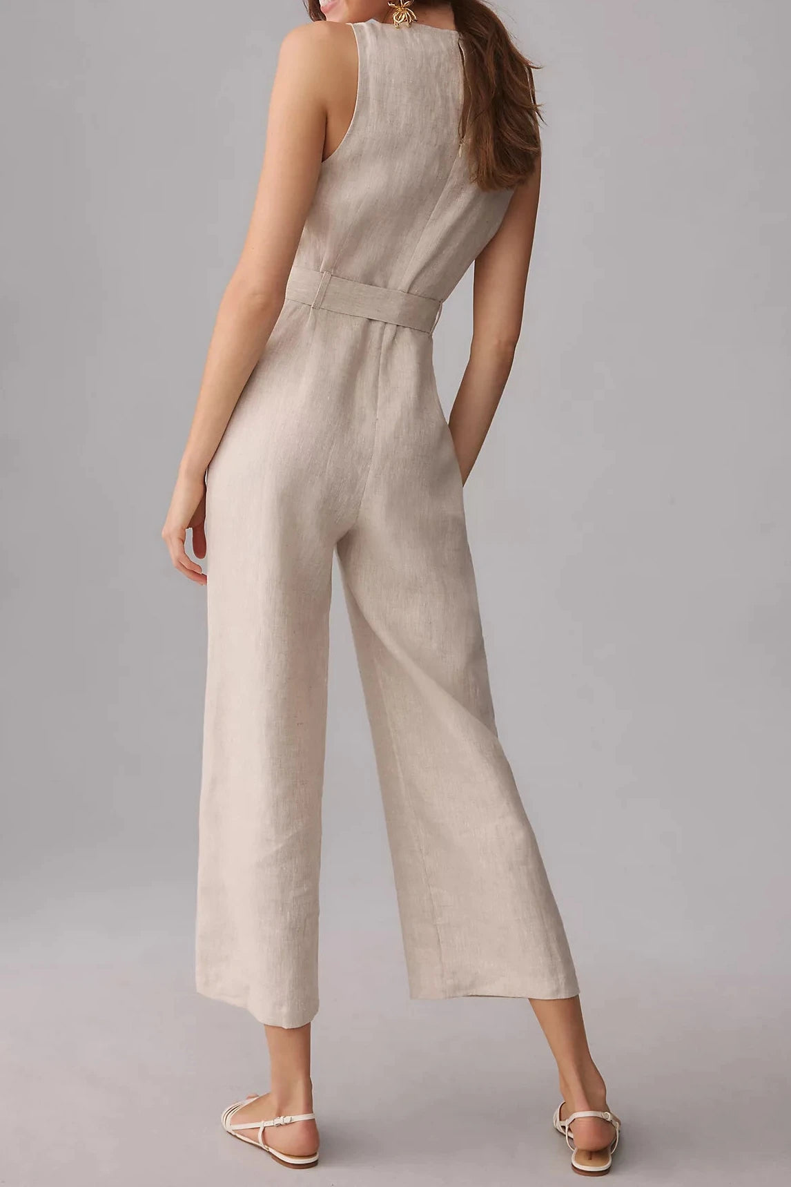 Relaxed Fit Belted Waist Linen Jumpsuit 