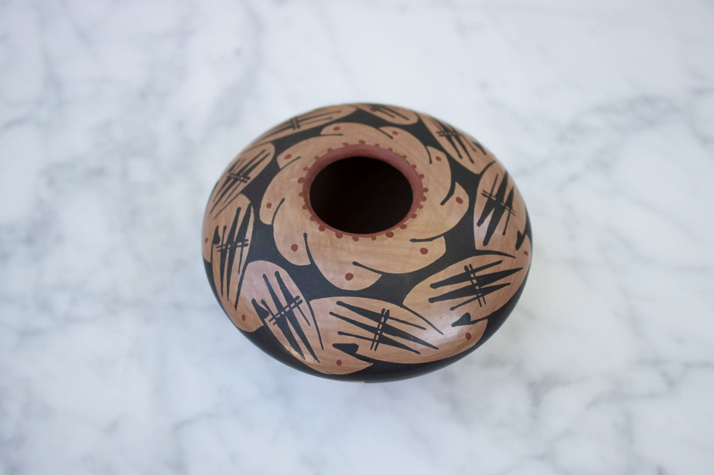 Authentic Mata Ortiz Geometric and Firecloud Flattened Pot 