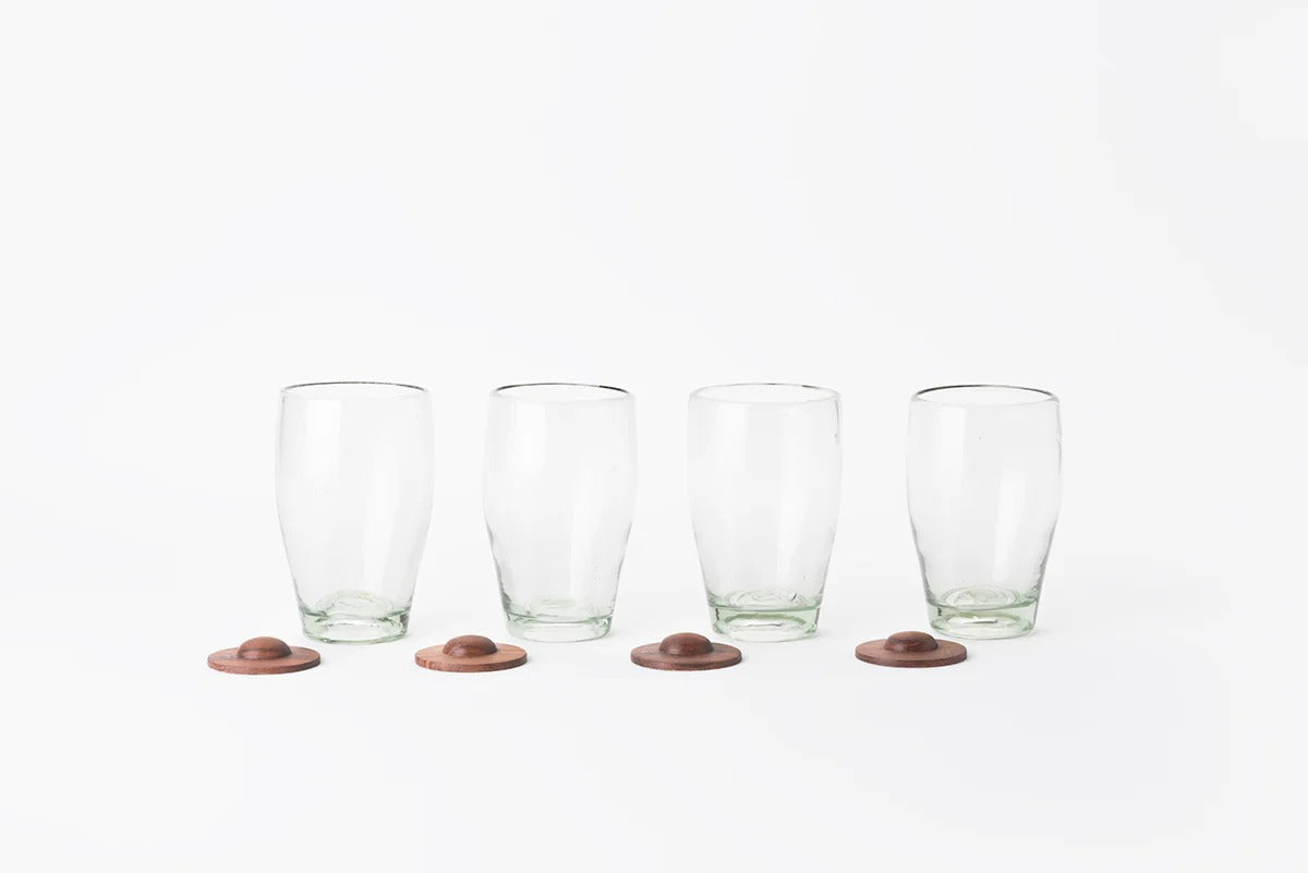 Hand-Blown Highball Glass with Parota Wood Base 