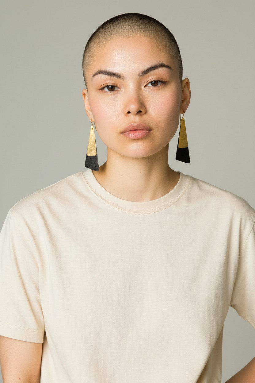 Two-tone black and gold geometric drop earrings – artisan handcrafted jewelry