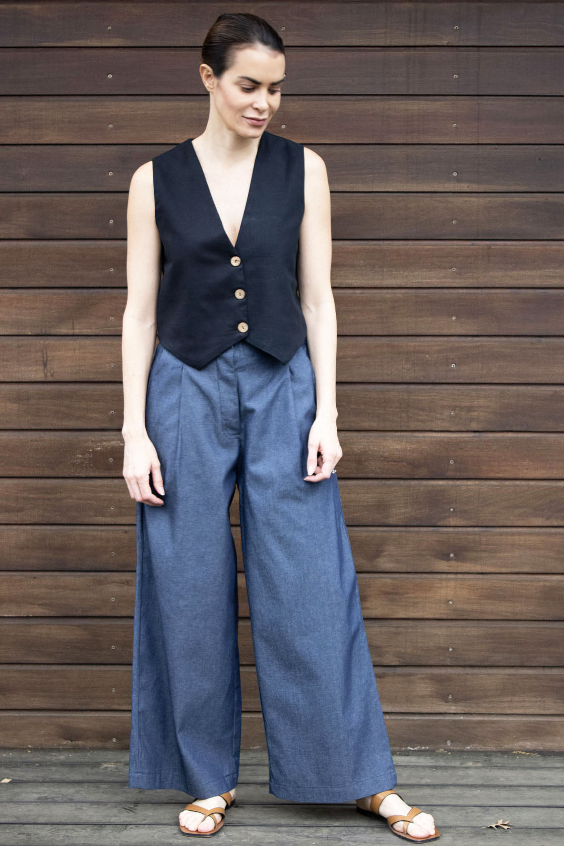 Bohemian Cotton Denim Wide-Leg Pleated Pants