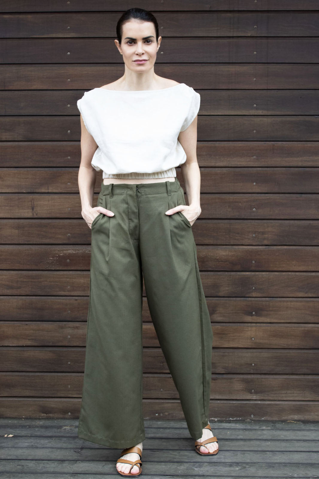 Bohemian Cotton Denim Wide-Leg Pleated Pants