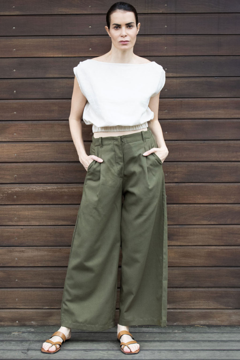 Bohemian Cotton Denim Wide-Leg Pleated Pants