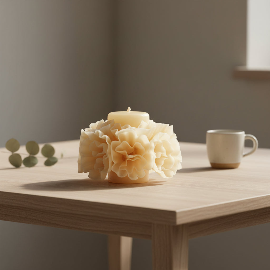 Carved ivory beeswax floral candle styled on light wood table in warm interior setting