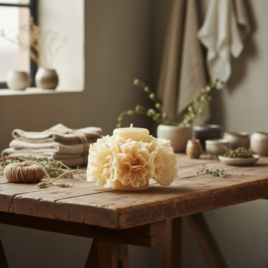 Hand-carved ivory beeswax skirted candle displayed on rustic wooden table with natural textiles