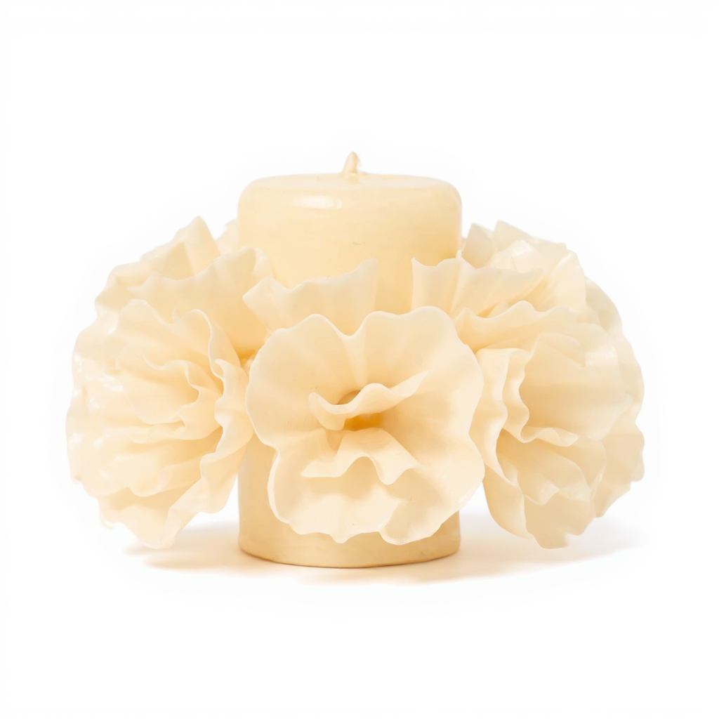Carved ivory beeswax skirted candle with floral sculpted details on white background
