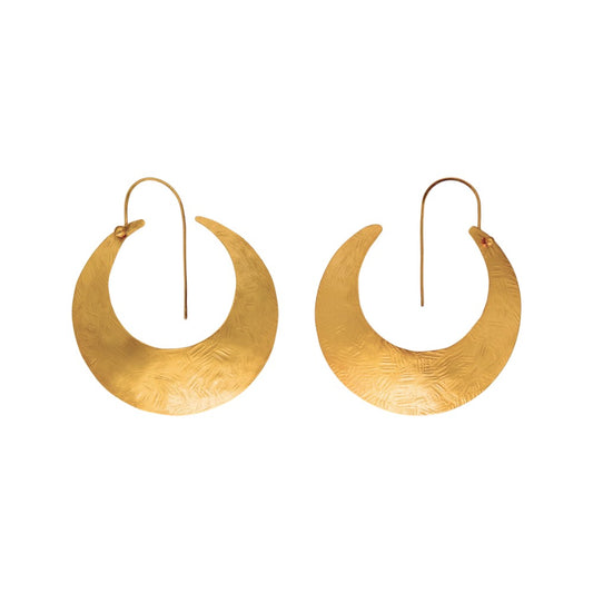 Handcrafted crescent moon hoop earrings in hammered bronze with gold or silver plating, large lightweight artisan hoops