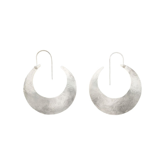 Handcrafted crescent moon hoop earrings in hammered bronze with gold or silver plating, large lightweight artisan hoops