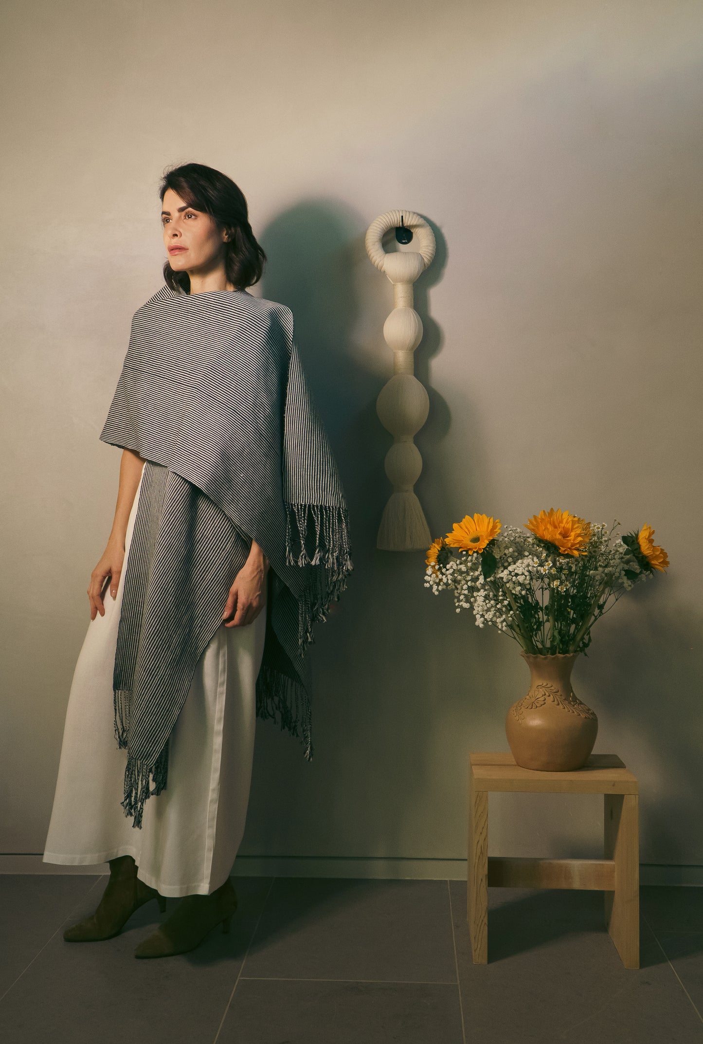 Artisan Backstrap Loom Striped Poncho with Fringe 