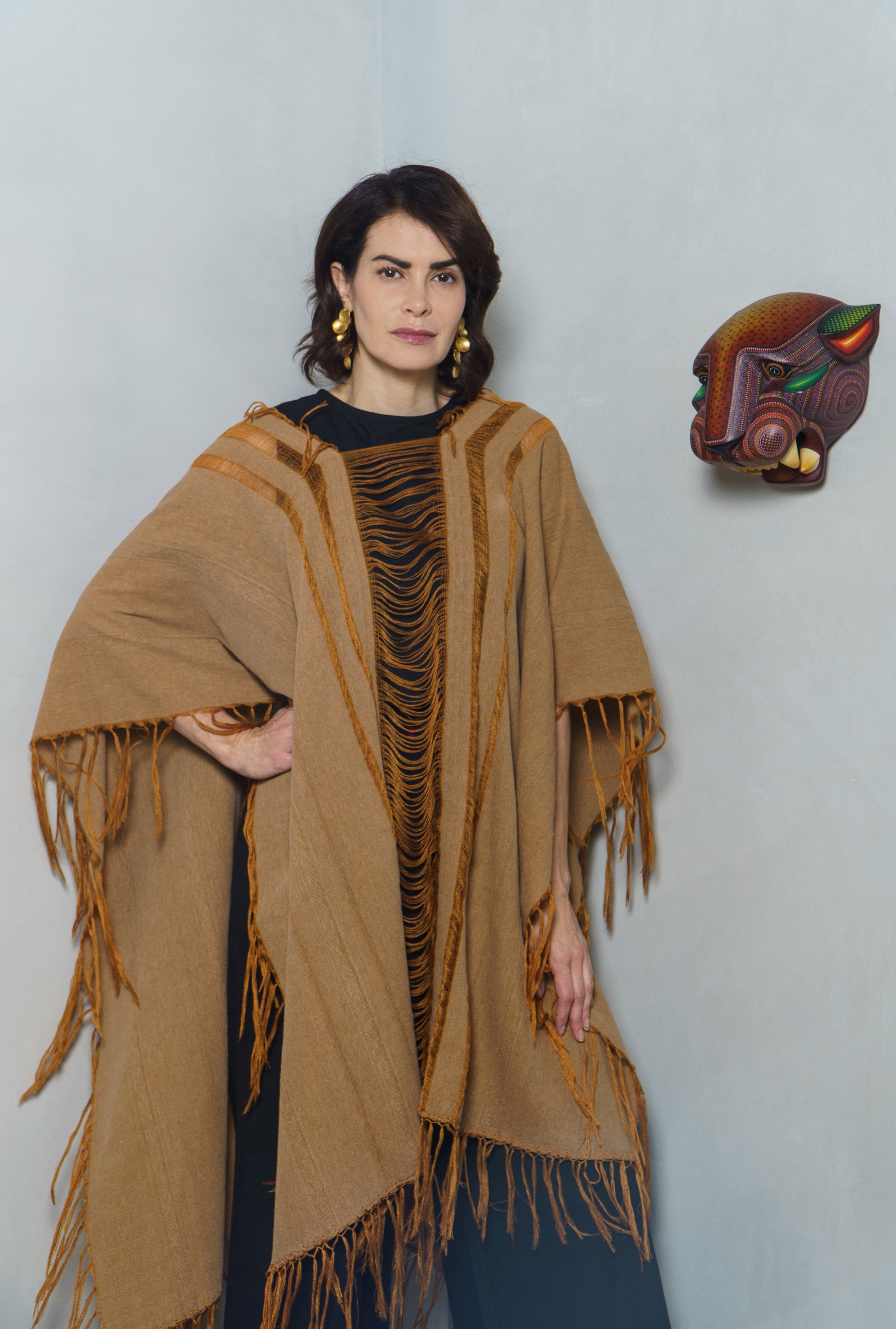 Handwoven Tan Cotton Poncho with Distressed Fringe