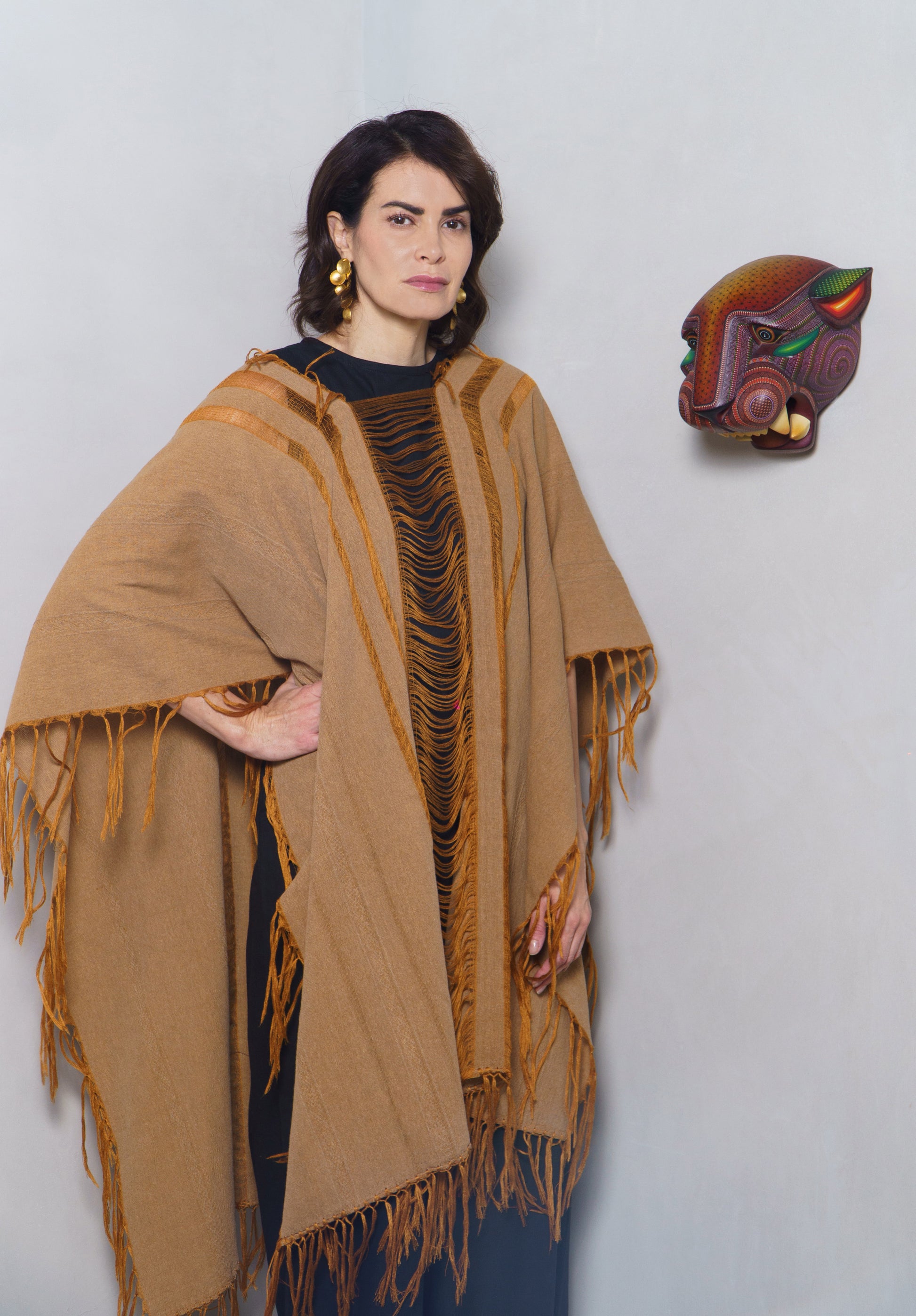 Handwoven Tan Cotton Poncho with Distressed Fringe