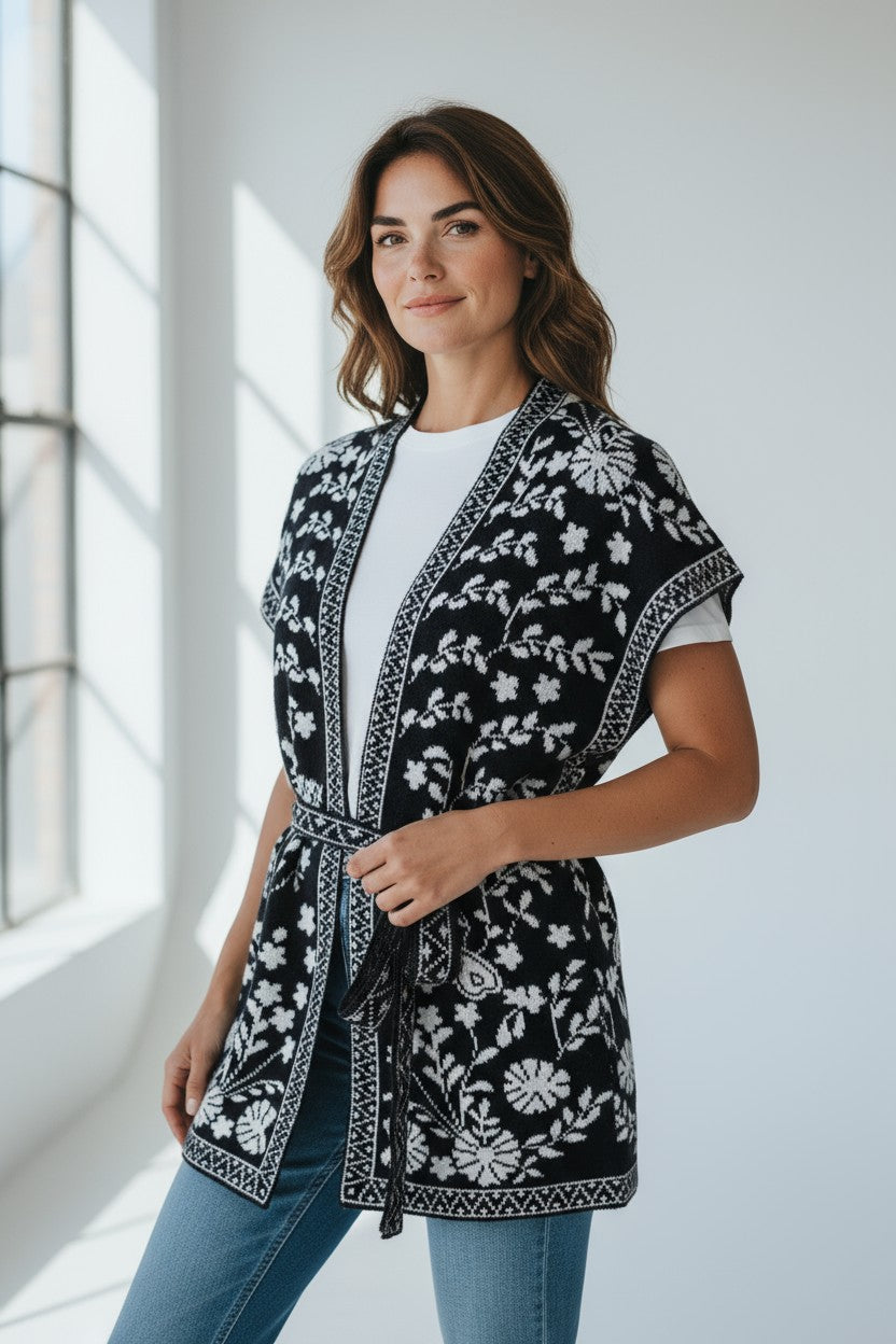 Floral Knit Kimono Vest