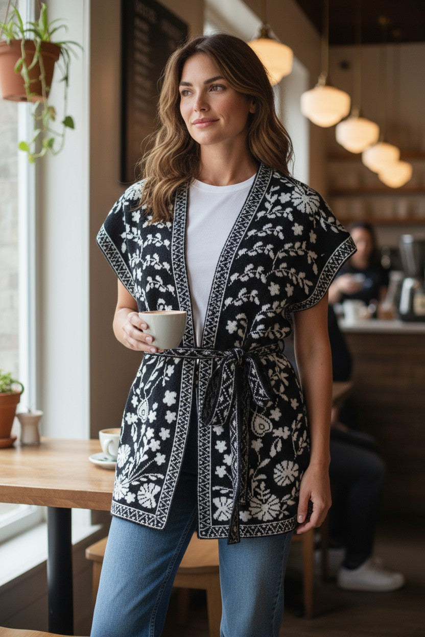 Floral Knit Kimono Vest