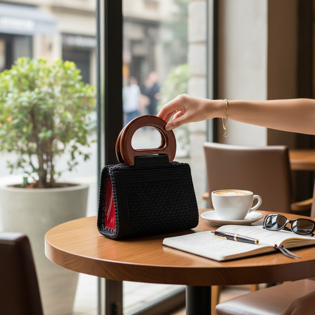 Handmade Woven Mini Bag with Wooden Handle