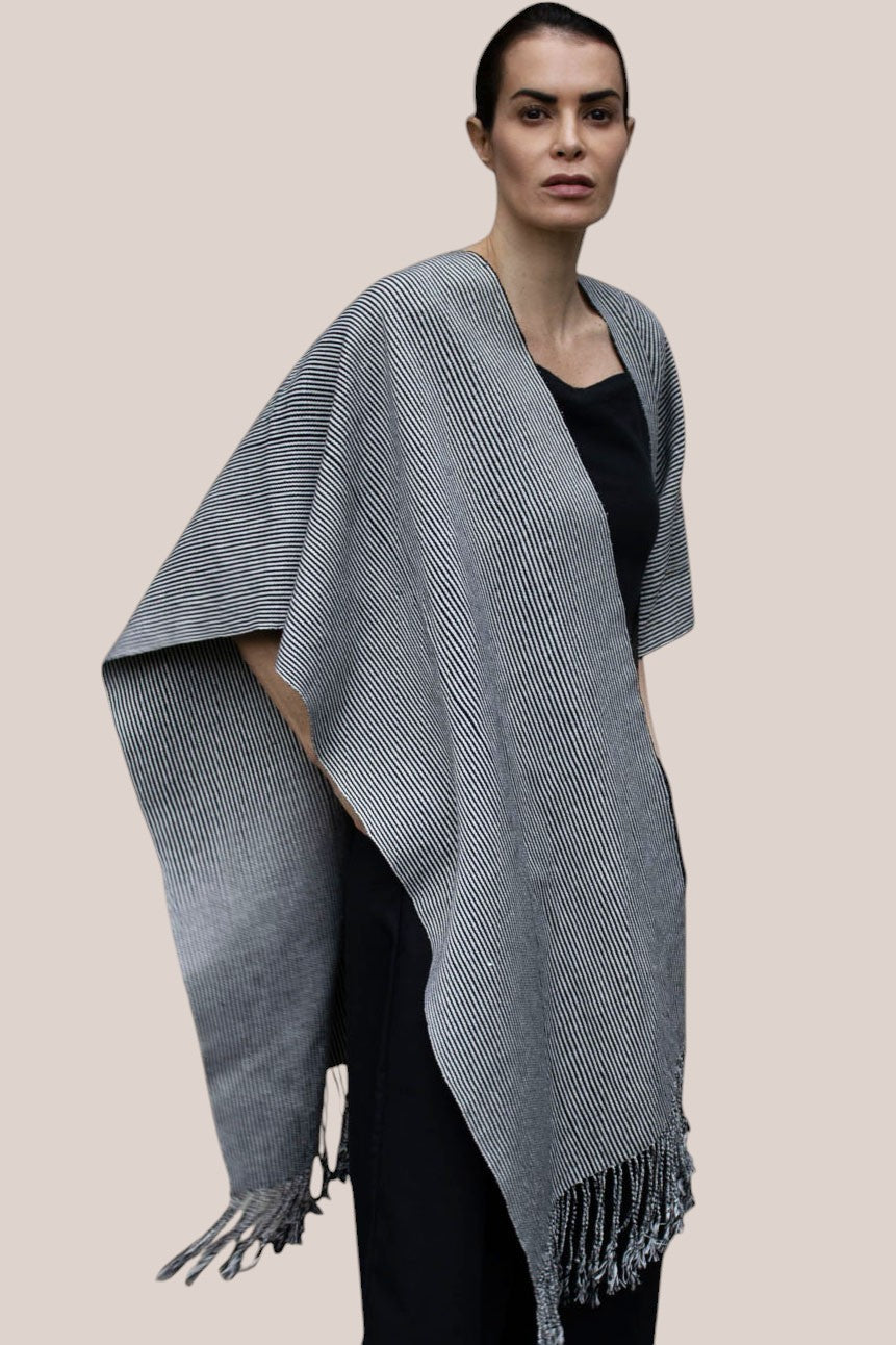 Artisan Handwoven Cotton Striped Poncho with Fringe
