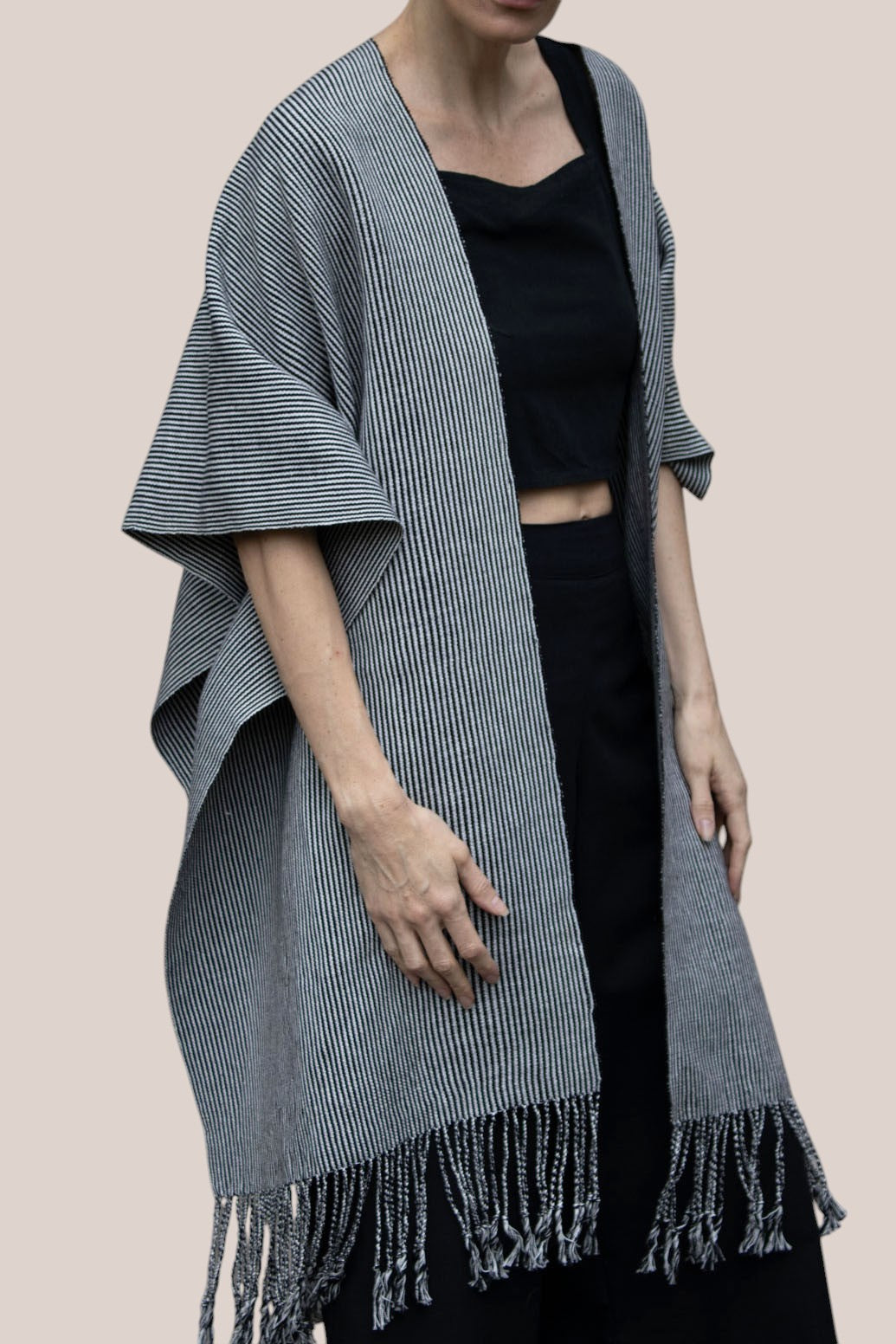 Artisan Handwoven Cotton Striped Poncho with Fringe