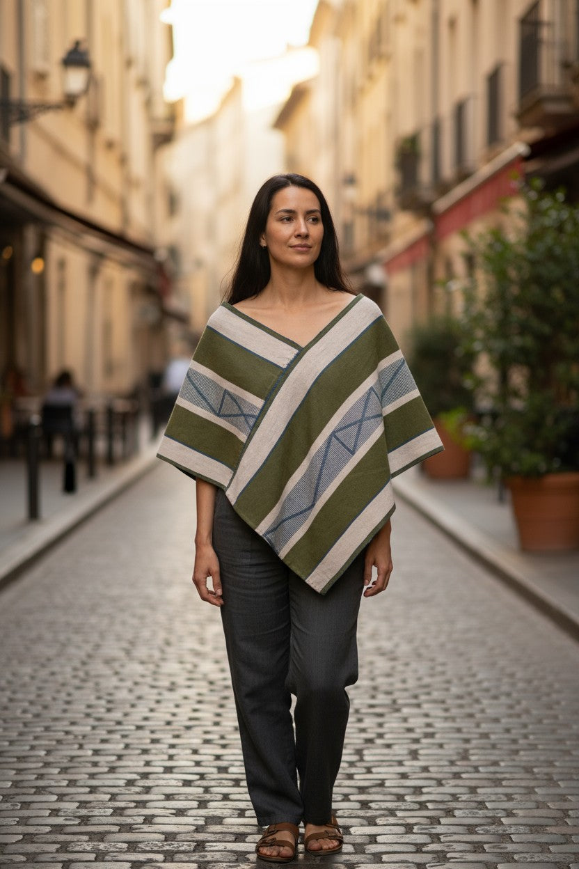 Handwoven Cotton Mexican Quexquemetl Poncho Shawl