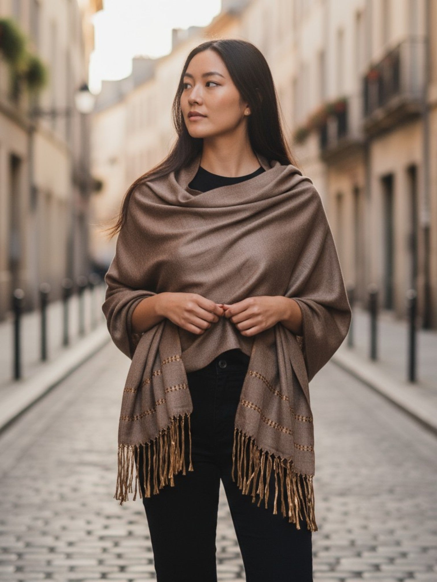 Bronze silk-blend rebozo shawl with fringe styled as an elegant wrap