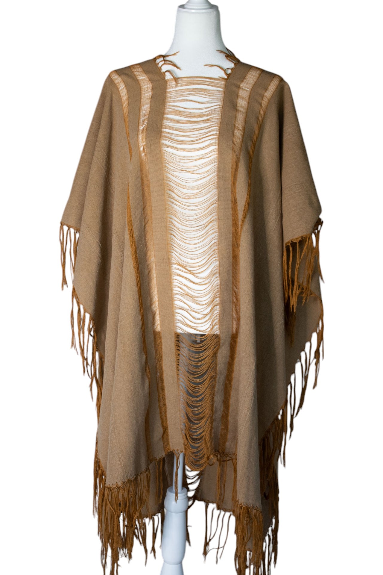 Handwoven Tan Cotton Poncho with Distressed Fringe